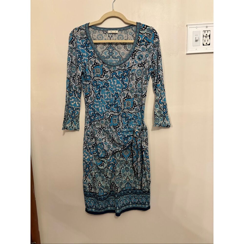 Max Studio Blue Paisley Boho Dress Size Small 3/4 Sleeve Tie Waist Spring